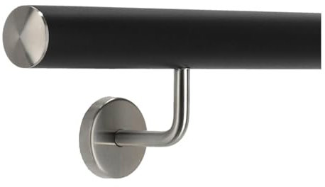 TIBU Pasamanos de aluminio negro 30 – 600 cm, pasamanos de pared para escaleras soporte de acero inoxidable en ángulo, longitud 130 cm con 2 soportes y tapa ligeramente curvada