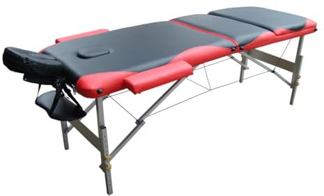Mucola Massageliege 3 Zonen Massagetisch Aluminium klappbar und höhenverstellbar | Portable Massagebank inkl. Zubehör Kopfstütze, Armlehnen und Tragetasche - Schwarz/Rot