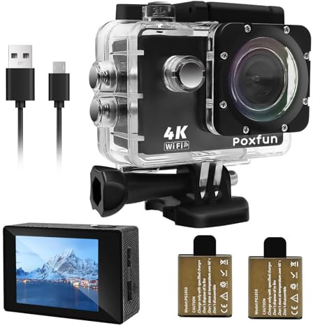 Poxfun Camara Deportiva 4K, Impermeable Action Camera 30M WiFi Camera Gran Angular de 170°Recargable por USB, 2x1050mAh Batería Idéal pour Les Sports Nautiques, le Cyclisme, l'escalade et la Natatio