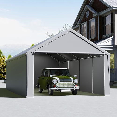UISEBRT Garage de tente 4 x 8 m – Abri de voiture, tente de garage et tente de rangement en un – Abri et tente de pâturage avec bâche en polyéthylène robuste, cadre en acier, renfort de toit et de sol