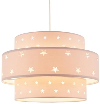 Unique and Modern Triple Tier Soft Pink Cotton Fabric Childrens Pendant Shade with Stars Decoration | 30cm Diameter | 11w Maximum by Happy Homewares