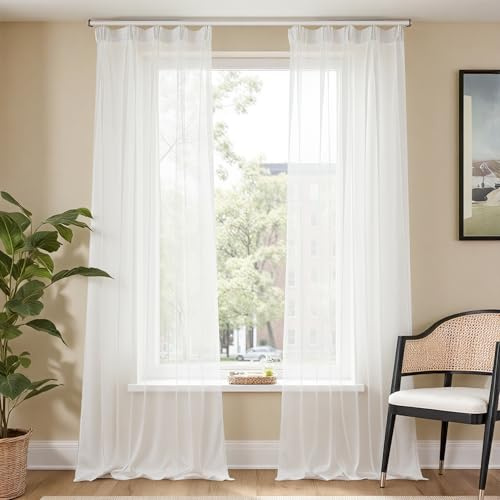 TOPICK Gardinenschals mit Kräuselband Vorhänge H260xB140 2er Set Weiß | transparent Sheer Curtains Schlafzimmer Gardinen für schienensystem Wohnzimmer Fensterdekoration Übergardinen Fenstergardine