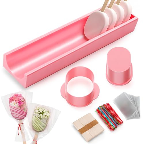 Yiyiring 303 Pcs 1 Set Cakesicle Cutter, Cake Pop Mold, Cake Pop Cutter and Pusher Press Set with Tray 300 Pcs Packaging Accessories, Baking Tools for Home, Birthday, Parties, Wedding Desserts, Pink