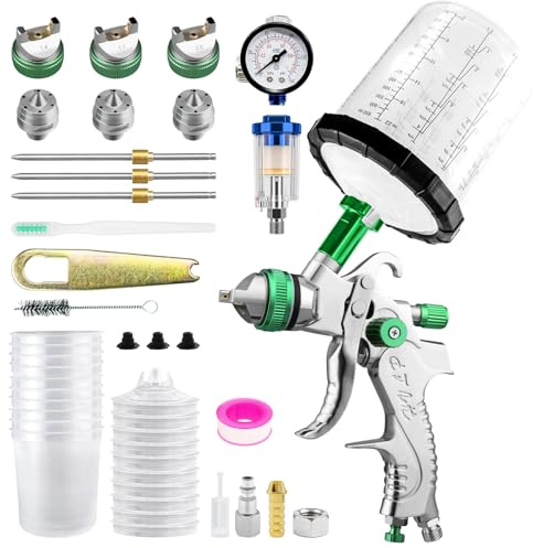 HVLP Spray Gun, Fence Paint Sprayer with 10pcs 22 Ounce (650ml) Disposable Cups&Pressure Gauge, Gravity Feed Air Spray Gun with 3 Nozzles 1.4/1.8/2.5mm Nozzle for Fencing and Decking, Home DIY Painti