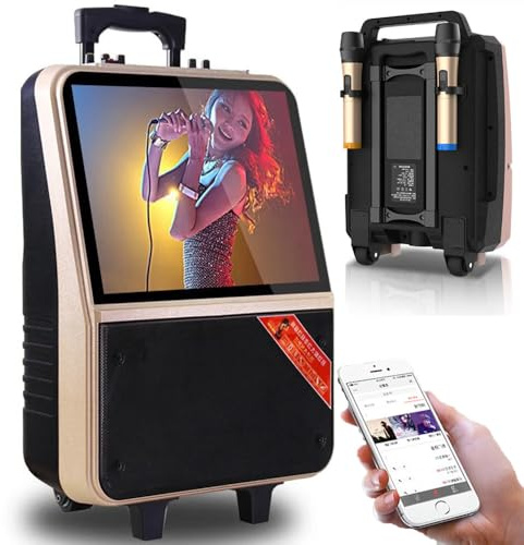 Portable Outdoor Speaker with LED Screen - WiFi/Bluetooth Connectivity, Karaoke Functionality Includes 2 Wireless Microphones, Compatible with 12v and Mobile Devices