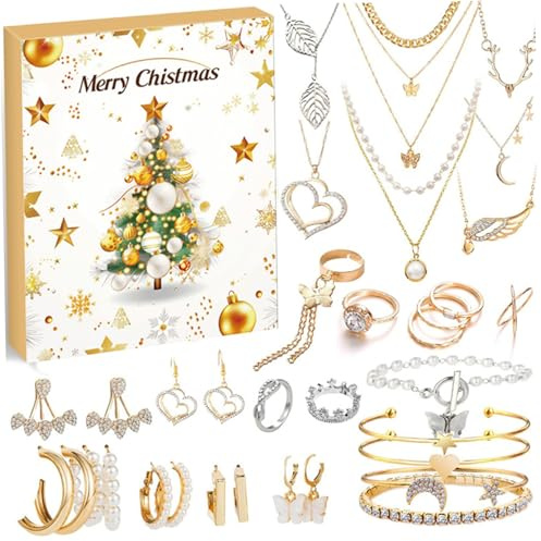 Schmuck Adventskalender 2024 24 -Tage -Adventskalender für Gold- und Silberschmuck umfassen Ohrringe, Halsketten und mehr Weihnachts -Countdown für Kinder, Erwachsene |.Kalender