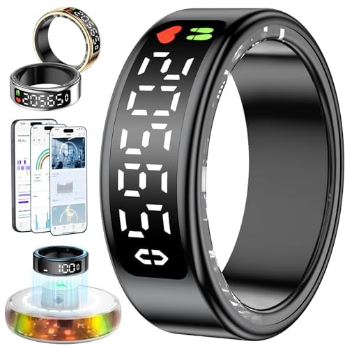 Smart Ring für Damen Herren, Smartringe mit LED Anzeige, Fitness Tracking Ring IP68, Schlaf Health Ring, Gesundheitsring mit Android/iOS,Schrittzähler/Herzfrequenz/SpO2/Aktivitätstracker (Schwarz, 8)