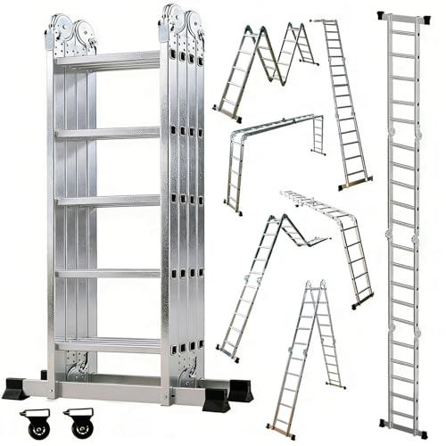 OUTIGO Mehrzweckleiter 4x5, 7in1 Multifunktionsleiter, 572CM Alu Vielzweckleiter Klappleiter mit 2 Räder, Multifunktionsleiter 20 Sprossen (4 x 5 Stufen)