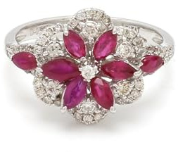 SR-TAKAT 18K White Gold Ring with Natural Burmese Ruby and Diamond Accents, Halo Design, Marquise Cut, Vivid Red (7.5)