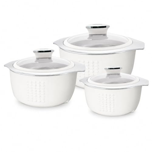 JAYPEE Insulated Casserole Serving Dishes with Lids Set of 3 (1L, 1.5L & 2L) | Premium Stainless Steel Inner | Double Wall Insulated Hot Pot Set | Keeps Food Warm Hot for Hours | (White)