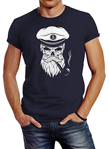 Neverless Herren T-Shirt Totenkopf Kapitän Captain Skull Bard Hipster Original Spirit Seemann Slim Fit Navy XS