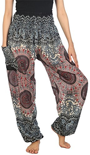 Lofbaz Harem Pants for Women Hippie Boho Festival Clothing - Bohemian Trousers for Yoga Beach Summer - Smocked Waist with Pockets - Rose 2 White XXL Plus