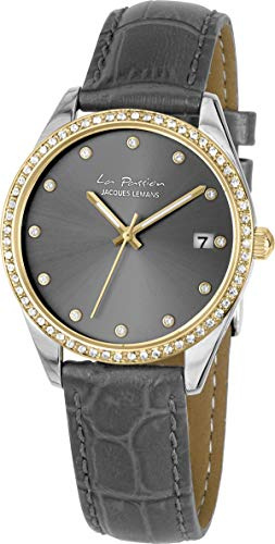 JACQUES LEMANS Damenuhr La Passion Lederarmband massiv Edelstahl ip-Gold/Bicolor Swarovskisteine LP-133C