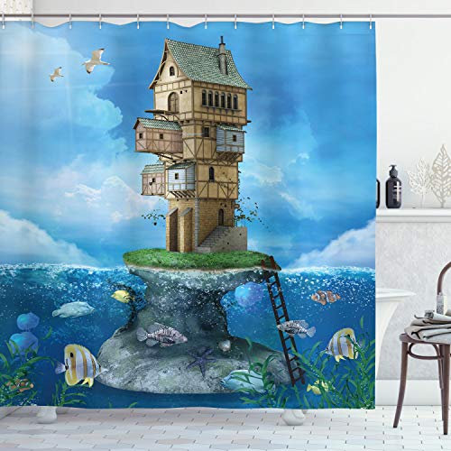 ABAKUHAUS Fantasie Duschvorhang, Fantasie Fischerhaus, Stoffliches Gewebe Badezimmerdekorationsset mit Haken, 175 x 200 cm, Braun Grün Blau