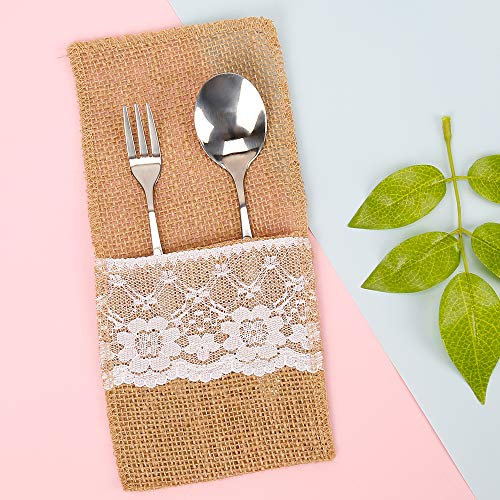 50pcs Natural Hessian Burlap Utensil Holders Cutlery Pouch Knifes Forks Bag for Wedding Bridal Shower Party Table Setting Decorations