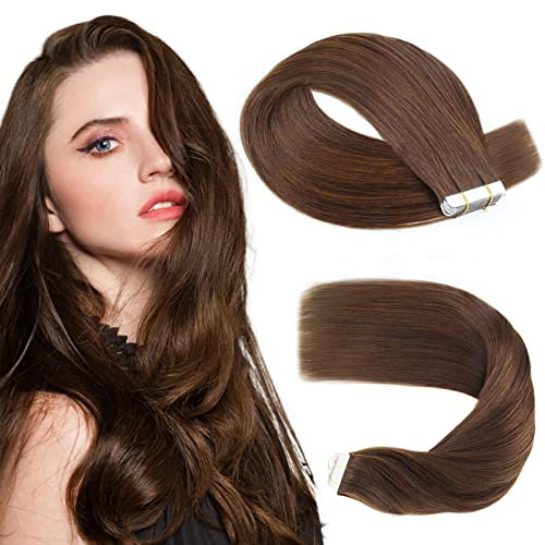 Sassina Tape in Extensions Remy Haar nahtloser Hautschuss Dunkelbraun Unsichtbare Doppelseitiger Wiederverwendbar Tape in Extensions Echthaar 20 Stück 50g 35cm