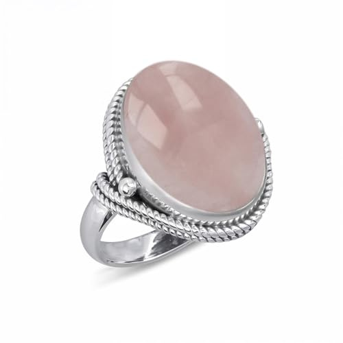 Aden Bague Argent 925 Quartz Rose Ovale Cabochon Serti Cordage | Bande fine 2mm, poids 4,5g, non ajustable, pierre de l'amour et de la tendresse, entretien facile.