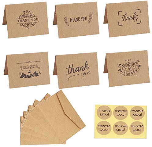 MengH-SHOP Dankeskarten 6 Designs Braune Kraftpapier Danke Grußkarten mit 36 Umschläge und 36 Danke Aufkleber für Hochzeit, Schulabschluss, Baby-Dusche, Jahrestag, Geschäft 36 Stück