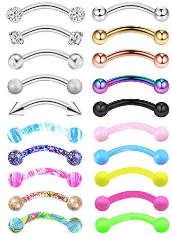 EVELICAL 20Pcs 16G Eyebrow Piercing Rook Curved Barbell Kit Eyebrow Tragus Lip Rings for Women Men 8mm