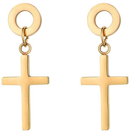 JewelryWe Kreis Ohrstecker mit Kreuz Anhänger: Gold Edelstahl Runde Gestüt Ohrringe mit Baumelnde Kruzifix Unisex Minimalistische Ohrhänger Ohrpiercings Religiöse Christliche Schmuck Damen Herren