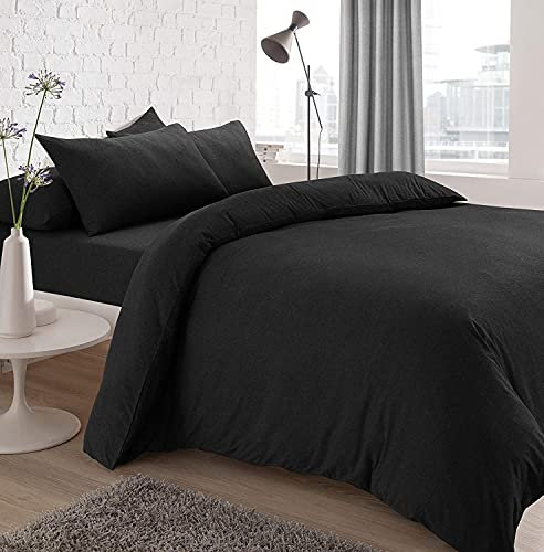 Yorkshire Homeware Sleepdown Jersey Melange Plain Dyed Duvet Cover Soft Cosy Easy Care Non Iron Plain Yarn Dyed Quilt Bedding with Pillowcases (Black, King)