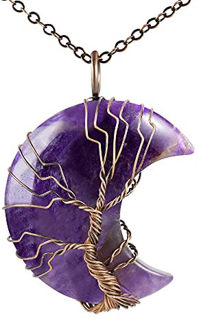 KISSPAT Healing Crystal Stone Necklace, Tree of Life Copper Wire Wrap Crescent Moon Necklace Natural Gemstones Quartz Pendant for Women (Purple)