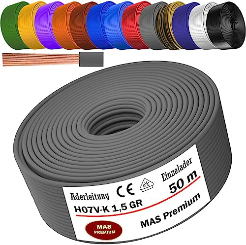 MAS Premium Von 5 bis 100m Aderleitung H07 V-K 1x1,5 mm² SW HBL GNGE GN RT DBL BR OR GR WS VIO U-MAR.BL RS RTWS DBLWS oder GE Einzelader flexibel (Grau, 50m)