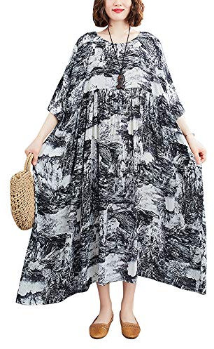 Versear Women Vintage Floral Print Cotton Linen Dress Boho Round Neck Short Sleeves Pockets Loose Robe Dress