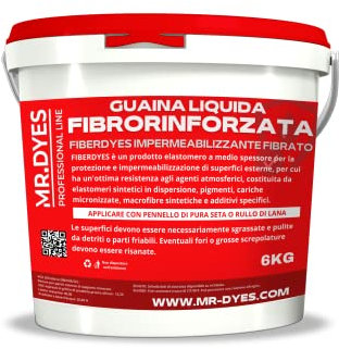 FIBERDYES Guaina Liquida Fibrorinforzata Impermeabilizzante Monocomponente, Gomma Liquida, Membrana Impermeabilizzante, Vari Colori, Formati 1 Kg, 6 Kg, 20 Kg. (6 KG, ROSSO)
