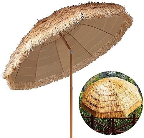 Caixia Parasol Inclinable Rond De Plage Ø 180cm Parasol Paille Hawaii Hauteur Réglable Anti-UV Pliant pour Jardin, Extérieure, Patio