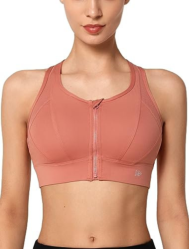 Yvette Soutien Gorge de Sport Femme Zipper Avant Dos Nageur Maintien Fort Brassière Fitness sans Armature pour Gros Seins Course Jogging,Rose,XL
