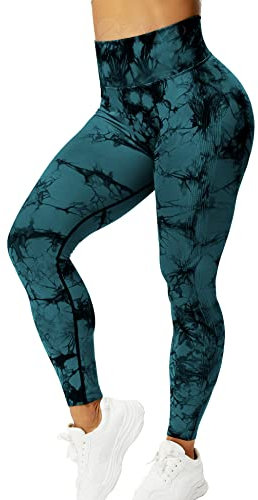 ZAAYO Sport Leggings für Damen Tie Dye Scrunch Butt Booty Slim Fit Seamless Yoga Pants Fitness Gym Workout Blue Green L