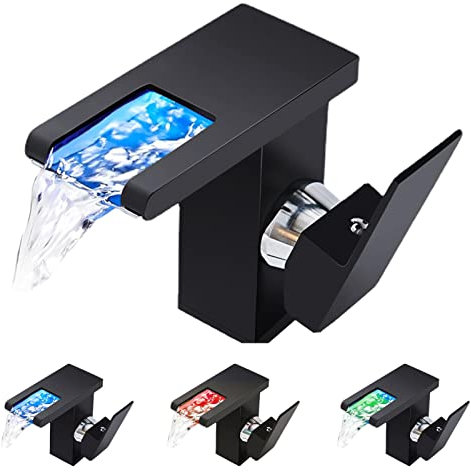 Bathroom Sink Taps, LED Basin Taps Mixers Black Waterfall Bathroom Sink Tap with 3 Colors Changing Powered by Water, Kitchen Tap Black Modern Single Lever for Commercial Residential