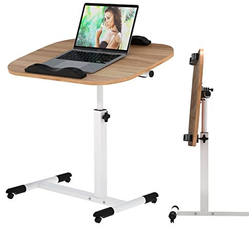 PIPIPOXER 60x40cm Bureau d'Ordinateur Portable avec Bandes Antidérapantes, Bureau Mobile Réglable en Hauteur 61-95cm, Bureau Informatique 4 Roulante Verrouillable, Table d'Appoint pour Lit,Canapé,Bois
