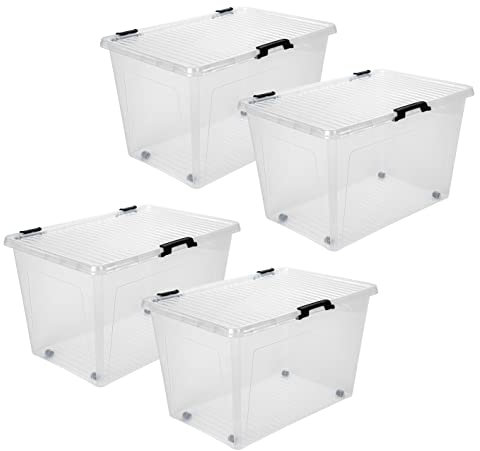 Dynamic24 Aufbewahrungsbox 52L mit Deckel, Rollen und Clipverschluss 60x40xH35cm Kunststoffbox Stapelbox Lager Regal Box transparent stapelbar Stapelboxen für Kleidung Spielzeug Deko Aufbewahrung