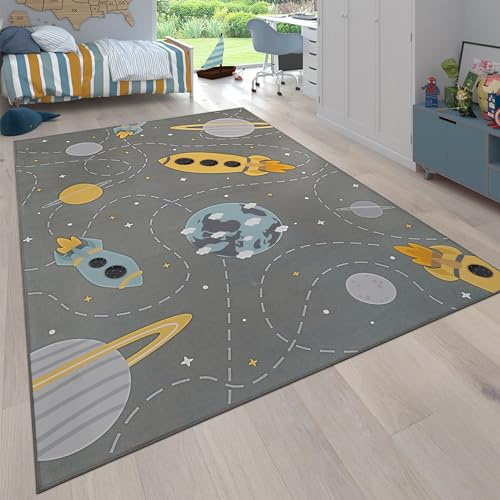 Paco Home Teppich Kinderzimmer Kinderteppich rutschfest Junge Mädchen Baby Spielteppich Rakete Planet Sterne Modern Waschbar Grau Blau Gelb, Grösse:80x150 cm