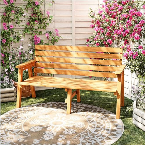 Gartenbank Holz 2/3 Sitzer, Gartenbank Wetterfest mit Rückenlehne und Armlehne, Balkonbank Gartenmöbel Bank für Balkon, Terrasse & Garten (Color : Yellow, Size : 150cm)