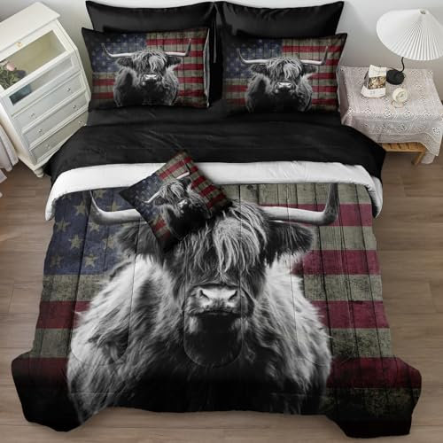 Merryword Bettdecken-Set mit amerikanischer Flagge, Motiv: Wildbulle, Rinder, schwarz, Natur, Tier, Shabby-Chic-Bettwäsche, USA-Flagge, Schlafzimmer, Dekoration für Cowboys und Cowgirls