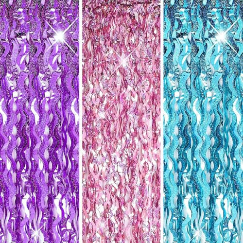 Pink Blue Purple Foil Fringe Tinsel Backdrop Glitter,3P 3.2 x 6.5ft Mermaid Foil Curtain Decor,Wavy Metallic Foil Curtain for Mermaid Birthday Baby Shower Mama Mia Bachelorette Blue Frozen Party