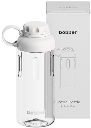BOBBER 30 oz Clear Tritan Sport Water Bottle with Spout Lid and Handle — Dishwasher Safe, BPA Free & Leak Proof Bottle for Gym, Workout, Running — Water Diffuser Bottle for Fruit With Strainer (Grey)