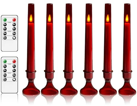 Kakoya Upgraded Flameless Taper Candles, 6 PC Acrylic Battery Operated, Red