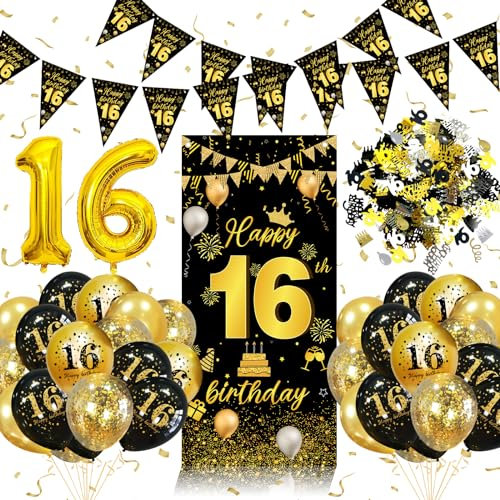 16 Geburtstag Deko Schwarz Gold,16 Geburtstag Junge Mädchen mit Konfetti deko 16 geburtstag,16. Geburtstag Deko Banner und Luftballons 16. Geburtstag für Sweet 16 Deko, Geburtstagsdeko 16