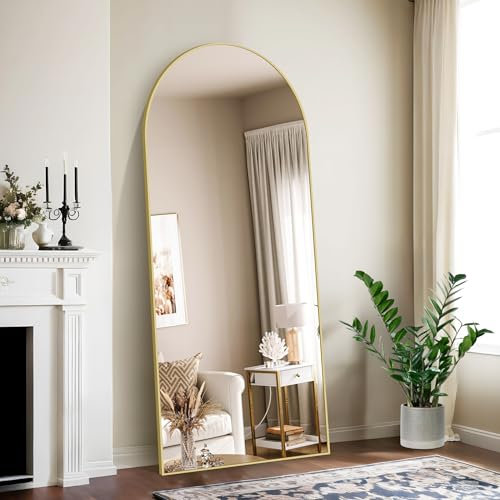 NASSYOU Miroir sur Pied 179 x 65 cm, Grand Miroir Mural en Pleine Longueur avec Cadre en Aluminium Doré, Miroir Arqué pour Salle de Bain, Chambre, Entrée et Couloir