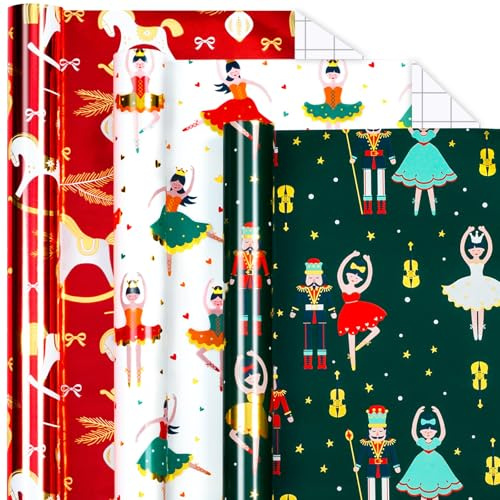Yarcony Weihnachts-Geschenkpapier-Rolle, 43,2 x 308,5 cm pro Rolle, Metallfolie, Vintage-Stil, Nussknacker, rotes Schaukelpferd, Weihnachtsballett, Geschenkpapier für Geburtstag, Babyparty