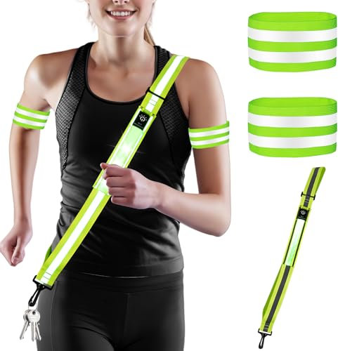 Lauflicht Joggen mit Reflektorband: USB Aufladbar Laufgürtel Reflektoren Gürtel mit Karabiner und 2 Reflektorband Armbinde, Leuchtband Joggen Blinklicht Verstellbar für Joggen Laufen Outdoor Sports