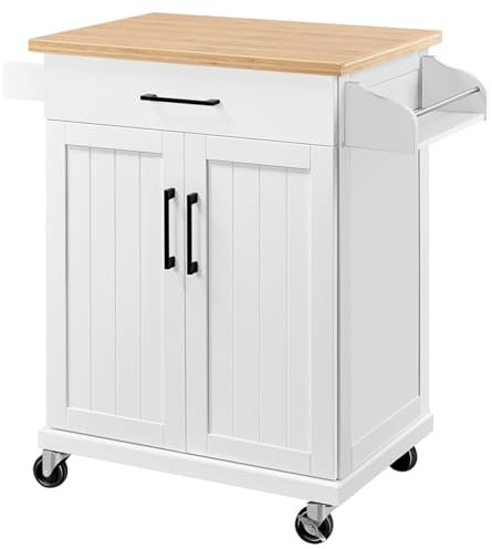 Yaheetech Kitchen Storage Trolley on Wheels With Bamboo Worktop, Rolling Kitchen Island Cart With Towel & Spice Rack for Dining Rooms, White