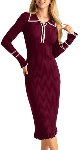 GRACE KARIN Women's V Neck Slim Fit Knit Dress Elegant Slim Fit Button Midi Dress Trendy Long Sleeves Party Dress Wine Red L
