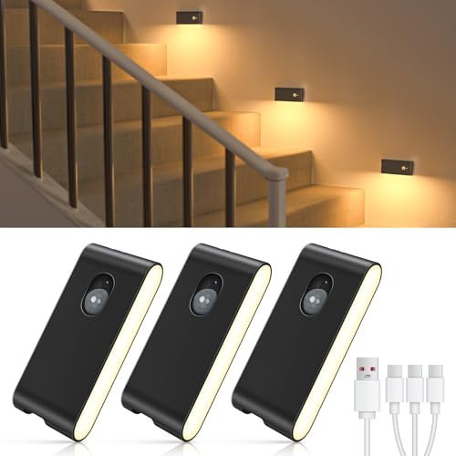 WILLED Nachtlicht Mit Bewegungsmelder, 3 Stück LED treppenbeleuchtung mit Bewegungsmelder, Treppen Mit Nachtlicht Aufladba(ohne Stecker), Schlafzimmer, Wohnzimmer, Flur, Küche,Badezimmer, Schwarz