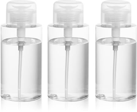 RAMFIYN 10oz Acetone Pump Dispenser 3 Pack Plastic Alcohol Push Down Dispenser with Labels Refillable Alcohol Pump Dispenser Bottle Empty Nail Polish Remover Bottle