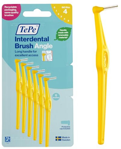TePe Interdental Brush Angle, Yellow, 0.7mm/ISO 4, 6pcs, Plaque Remover, Easy and efficient Cleaning Between Teeth, Tooth Floss for Small Gaps, Carton Pack
